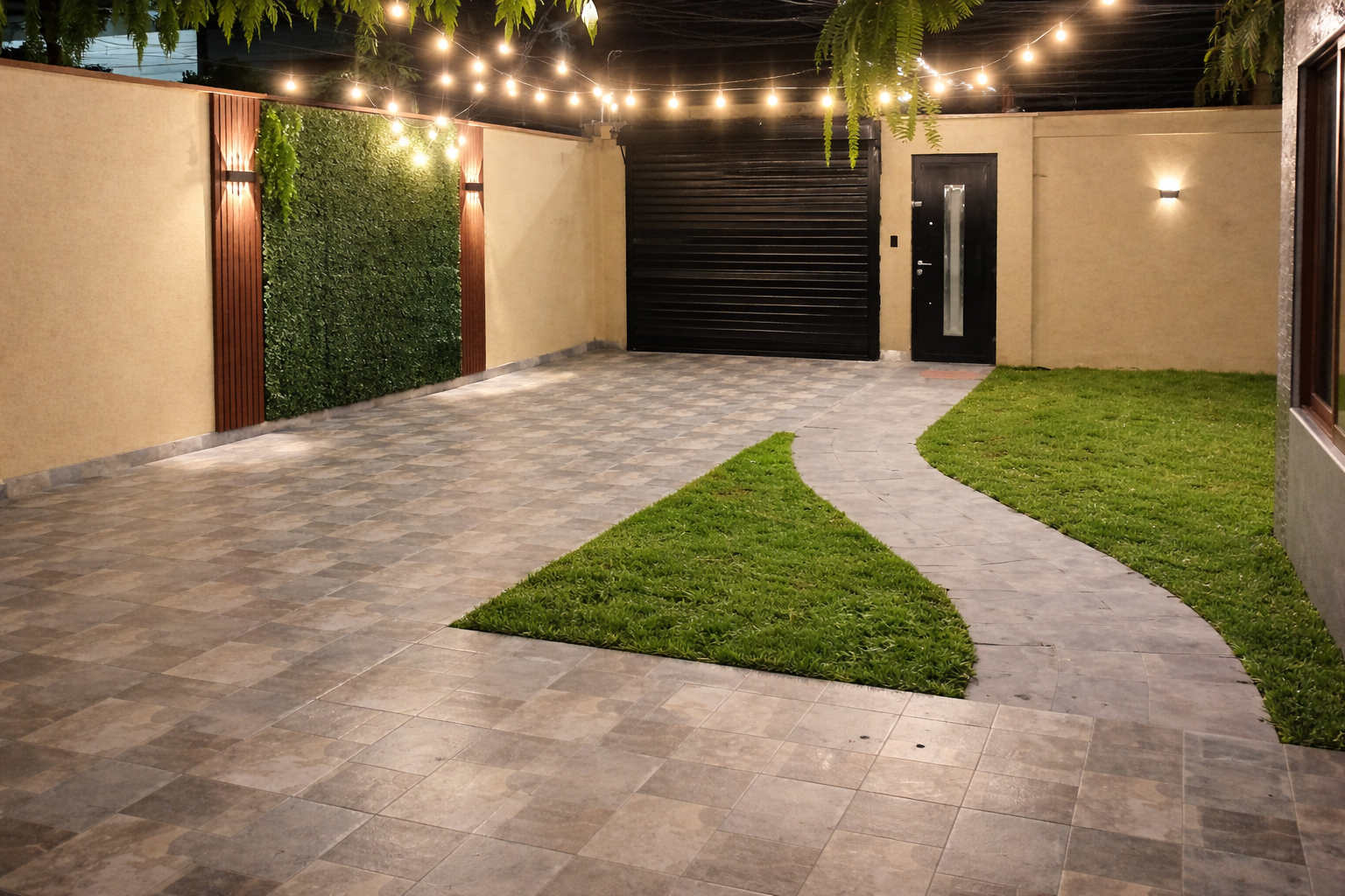 Elegant venue exterior at night with illuminated entrance and landscaping